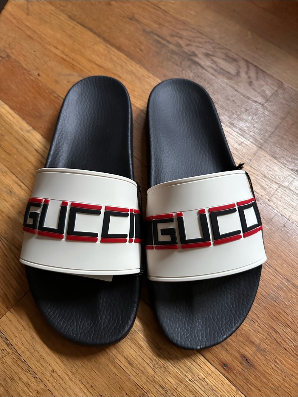 Gucci White Strap Black Footbed Red and Black Logo Slide Sandals